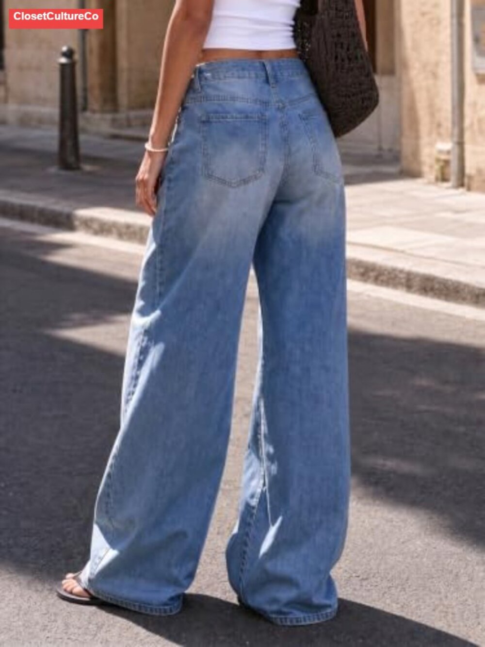 Womens High Waisted Pleated Wide Leg Baggy Denim Jeans - Picture 3 of 6